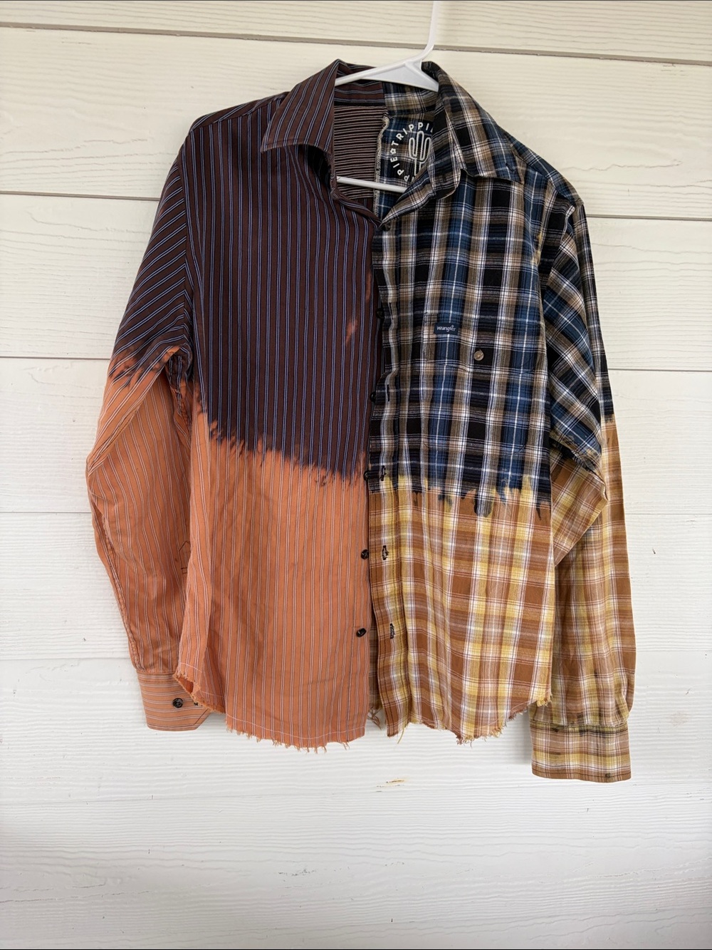 Wrangler Two-Tone Mixed Plaid & Stripe Button-Down Shirt in Orange and Brown